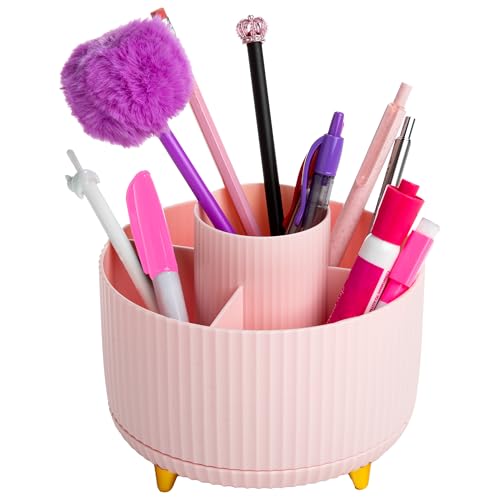 Paris Hilton 360° Rotating Makeup Brush Holder, Fluted Design with 5 Compartments, Glam Organizer for Brushes & Tools, Pink - style: Brush Holder