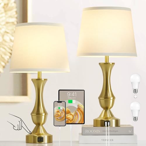 Luvkczc 22" Gold Table Lamps Set of 2 - Modern Luxury Bedside Lamps with White Fabric Shade, Dimmable & Dual USB C+A Ports, Nightstand Lamps for Bedroom/Living Room (Bulb Included) - color: White,Gold base, size: 22in