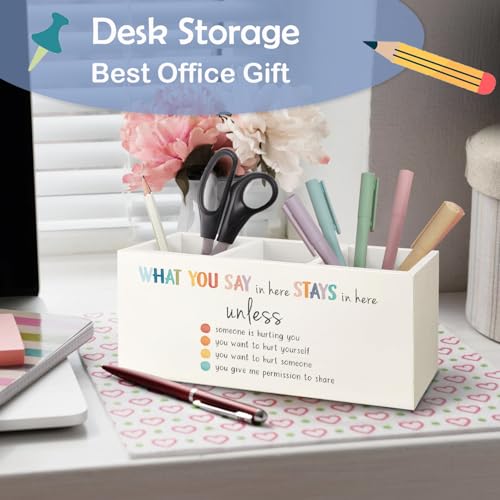 SNNDER Mental Health Office Pen Holder, What You Say in Here Stay in Here Wooden Pen Pencil Holder for Therapist Counseling Office - color: What You Say in Here