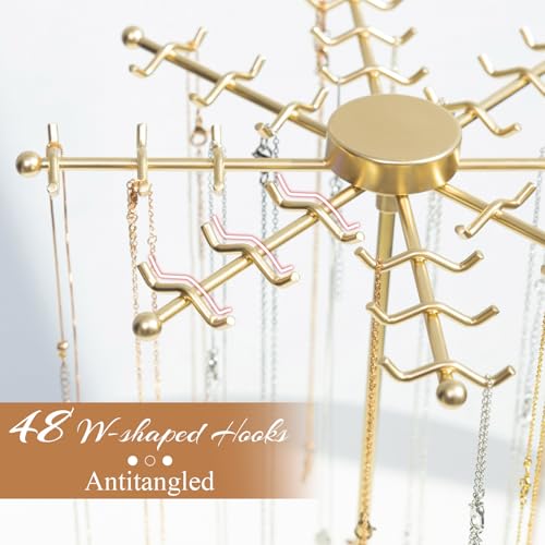 Rotating Necklace Holder Jewelry Stand, Gold Necklace Organizer Display with 48 W-shaped Hooks,Jewelry Organizer for Necklaces Earrings Rings Storage Tree, Presents for Women - color: gold-1pcs