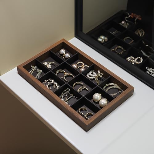 Fordonral Wood Jewelry Organizer Tray with PU Linen, Earring Organizer Jewelry Organizer Showcase Display Drawer Organizer Storage, Earring Holder Necklace Bracelet Ring Accessary Organizers - style: 12 Grids