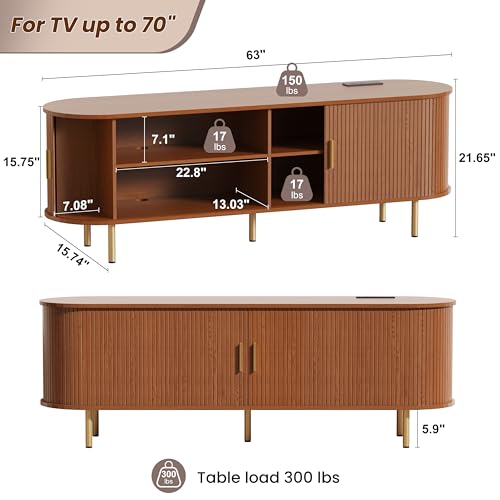 DHH 63 Inch Mid Century Modern TV Stand with Power Outlet for TVs up to 70 Inch, Entertainment Center with Storage and Adjustable Shelves, Media Console with Sliding Doors for Living Room(Walnut) - color: Walnut, size: 63 Inch