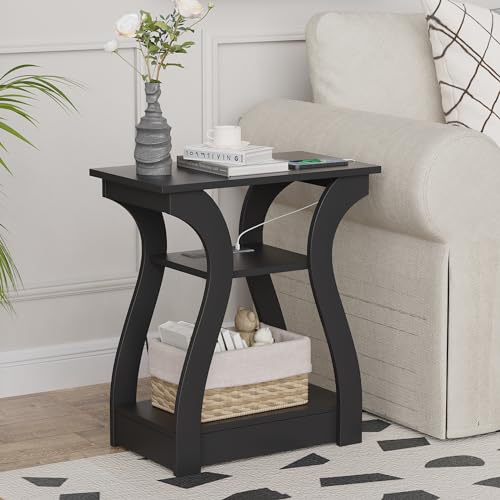 FROMJBEST End Table with Charging Station, Side Table with USB Ports and Outlets, Nightstand, 3 Tier End Table with Storage Shelf for Living Room, Bedroom (Black) - color: Black