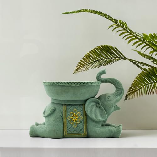 Elephant Decor Resin Sculpture with Tray – Antique Style Animal Figurine for Home, Office, Bookshelf, TV Stand – Unique Gift for Women, Moms, Friends(Green Elephant Tray) - color: Green Elephant Tray