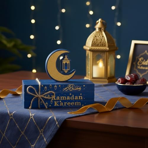 Smile Ramadan Eid Mubarak Wooden Indoor Decorations, Mini Faux Books Bundle, Islamic Tiered Tray Muslim Party Tabletop Home Decor - style: Ramadam Blue