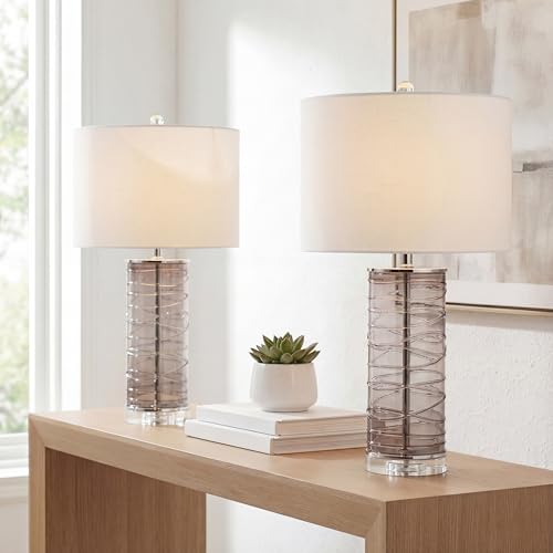 JONATHAN Y 27.5" Smoky Gray Modern Fused Glass Table Lamp Set of 2 for Bedroom Living Room, Coastal Nightstand Bedside Lamp with White Linen Shade, LED Bulbs Included (JYL4016C-SET2) - color: Smoky Gray