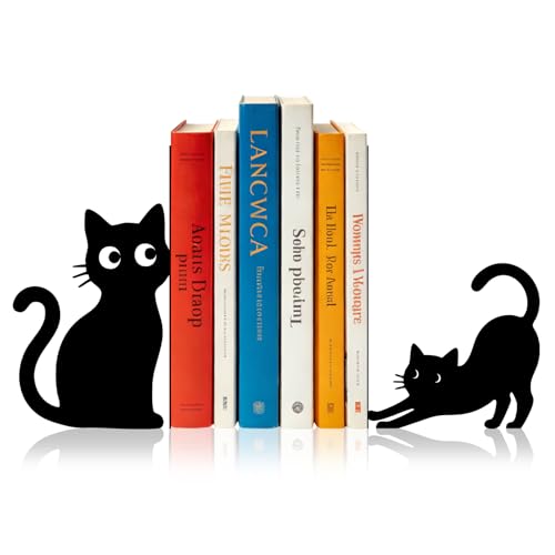 Sanwarm Metal Bookends Funny Cats Black Book Ends Decorative Bookend for Home Office Library Desk Book Shelves Decor, Gift for Reading Enthusiasts Non-Skid Book Stoppers Holder (1 Pair) - color: Black Cat 5