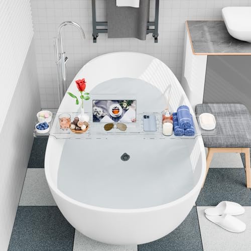 Yieach Luxury Clear Acrylic Bathtub Tray with Book Holder,Expandable Bath Tray for Tub and Bath Shelf Over Tub,Plastic Bath Table & Board,Bath Caddy Trays & Accessories for Women Relaxing Spa Gifts - size: L - (33.1 to 41.4 in）