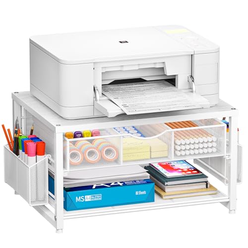 Marbrasse Wood Printer Stand for Desk, 2-Tier Desktop Printer Table for Home Office, Printer Stand with Storage Drawer 2 Pen Holders, Multi-Purpose Desk Organizer for Fax Machine Scanner(Wood White) - color: Wood White