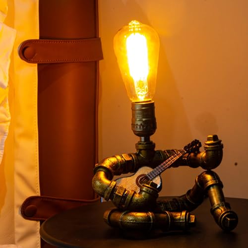 Music Guitar Table Lamp,Steampunk Table Lamp,Retro Guitars Steampunk lamp,Cool Industrial Metal Tube Robot Lamp Gifts for Music Lovers - color: Bronze/With guitar