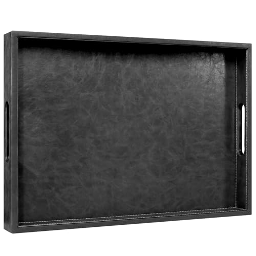 20 * 14 inches Leather Rectangle Serving Tray with Hole Handles,High-End Light Large Service Tray for Ottoman Tray, Tea, Food, Butler - Countertop, Kitchen,Family Dinner, Picnic (Black) - color: Black, size: 20" x 14" x 2"