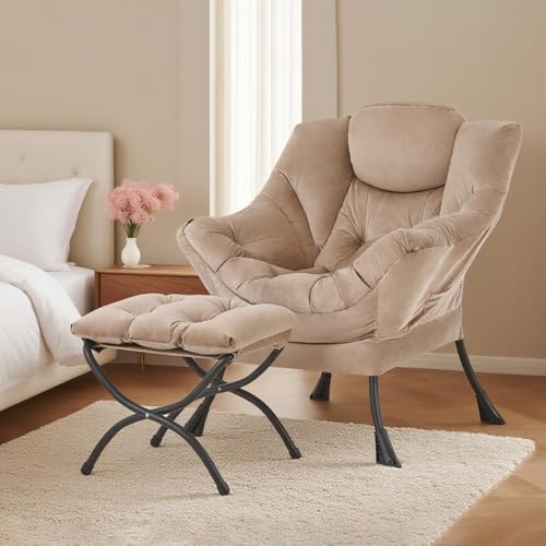 Tiita Lazy Chair with Ottoman, Khaki Modern Large Accent Chair, Comfy Leisure Sofa Armchair with Ottoman, Reading Chair with Footrest for Bedroom, Living Room, Dorm Rooms, Velvet Khaki - color: Khaki