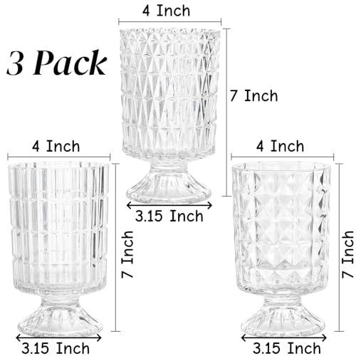 Goaste 3 Pack Embossed Big Base Vase, 7" Crystal Glass Vase, Hydroponic Green Plant Vases, Transparent Flower Vases with Ribbed Pattern for Wedding, Dining Table Centerpieces, Home Decor, Office