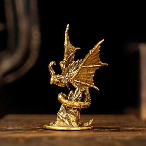 CHOVY Majestic Demon Dragon Perched on Rock Wings Spread - Handcrafted Retro 100% Solid Brass-Ideal Home Decor Desk Ornament Collectible Artwork Office Accent Artistic Scene Decoration - style: Demonic Dragon