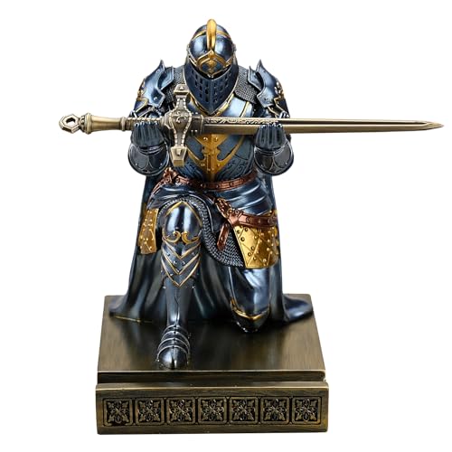 King's Guard Leader Cloak Warrior Knight Pen Holder Mobile Phone Stand, Ornament Knight Statue, Pen Stand Paperweight for Office and Home (Blue) - color: Blue