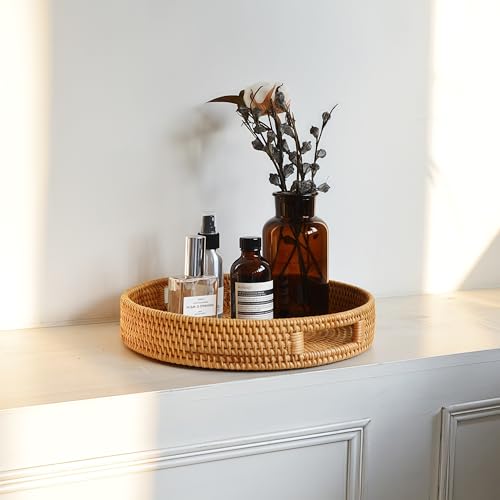 2 Pack Round Rattan Tray, Hand Woven Serving Tray with Handles, Wicker Serving Basket, Decorative Tray for Home Decor, Natural (11.8 + 14 inch) - color: Natural, size: 11.8" + 14"