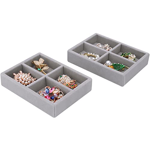 DesignSter Small Jewelry Tray, 2PCS Ring Organizer, Velvet Jewelry Display Tray, Stackable Jewelry Organizer Trays, Jewelry Drawer Organizer Inserts For Dresser, Jewelry Box (Gray) - color: Gray, size: 4 Grids