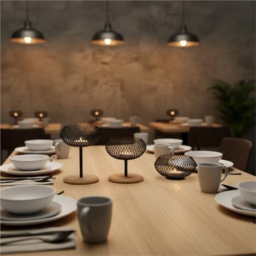 Modern Iron Mesh Candle Holder Set with Bamboo Base, Stylish Dining Table Centerpiece Decor, Lightweight Yet Sturdy Metal Votive & Tea Light Stand for Home Ambiance(Samll) - size: samll