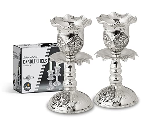 Ner Mitzvah Silver Plated Candlesticks, Pair of 4 Inch Ornate Candle Holders with Round Base and Floral Design (Pack of 2) - size: 4 inches