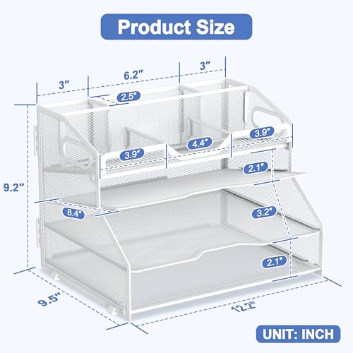 4 Tier Desk Orgnizers and Accessories, Metal Magazine File Holder with Pencil Holder and Handles, Space Saving Desktop Storage for School Office Supplies(White) - color: White