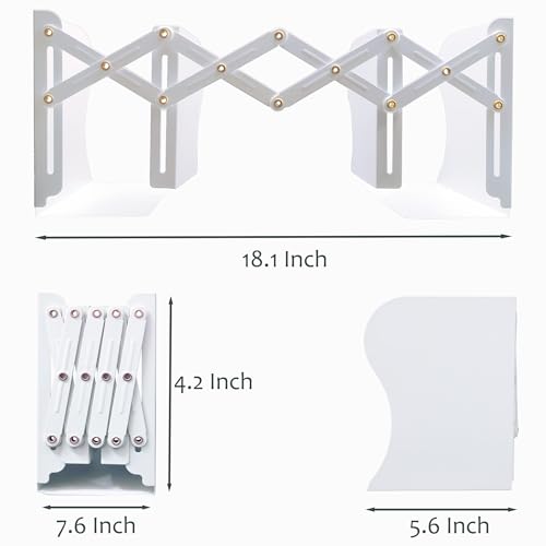 Metal Bookends, Book Ends for Heavy Books, Adjustable Book Holder for Shelves, Book Stopper for Home/School/Office, Extends up to 19 inches, White - color: White-new