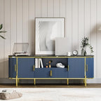 Luxury 70 in Fluted TV Stand with Faux Marble Top, Entertainment Center for TVs Up to 80 in, Wood Media Console with Curved Profile Sliding Doors and Adjustable Shelves for Living Room- Navy Blue - color: Navy Blue