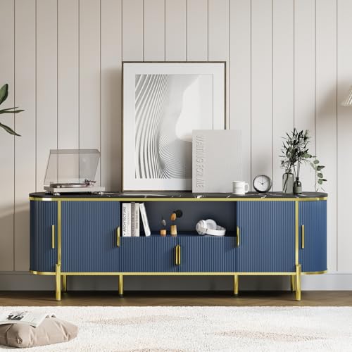 Luxury 70 in Fluted TV Stand with Faux Marble Top, Entertainment Center for TVs Up to 80 in, Wood Media Console with Curved Profile Sliding Doors and Adjustable Shelves for Living Room- Navy Blue - color: Navy Blue