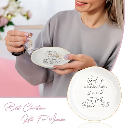 Christian Gifts for Women, Bible Verse Ceramic Jewelry Dish Trinket Ring Tray, Inspirational Floral Gift for Mom Sister Friend Birthday Christmas-God is within Her Psalm 46: 5 (White-46:5) - color: White-46:5