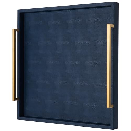 Large Navy Blue Decorative Tray for Ottoman,Stylish Rectangle Coffee Table Tray with Handles,Versatile Serving Tray for Living Room and Home Decor - color: Blue, size: 20" x 20" x 3"