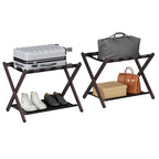 Smuxee Brown Bamboo Luggage Rack Pack of 2, Foldable Suitcase Stand with Storage Shelf, Easily Assembled Luggage Stand with 5 Nylon Straps for Guest Room Bedroom Hotel - color: Brown 2PCS