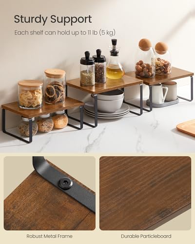 SONGMICS Cabinet Organizer Shelf, Set of 3 Kitchen Counter Shelves, Kitchen Storage, Spice Rack, Stackable, Expandable, Rustic Brown and Matte Black UKCS220K02 - color: Rustic Brown + Matte Black