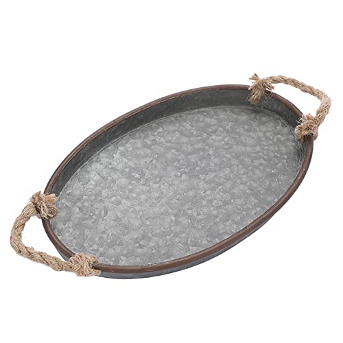 Hipiwe Galvanized Metal Iron Oval Tray with Rope Handle Farmhouse Serving Tray Rustic Industrial Decorative Centerpiece for Coffee Table Weddings and Parties Decor,Small - size: 14.2" x 9.1" x 1.2"