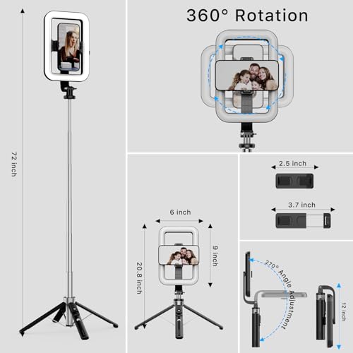 M MYBAT PRO 9" Outdoor Selfie Light - 72" Extendable Tripod Stand with 4-Leg Base, Portable Dimmable LED Lights for Travel/Camping/Riding, Phone Holder & Wireless Remote for YouTube/TikTok/Video