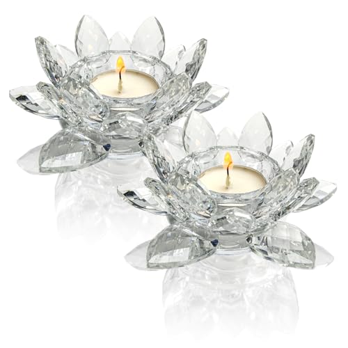 Crystal Lotus Flower Tealight Candle Holders, 2 Packs, K9 Crystal Material, Candlestick Decor, Glass Tealight Candlestick, Christmas Home Decoration - color: Clear-2pcs