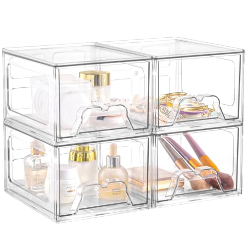 Plastic Drawers Storage, 4 Pack Clear Stackable Storage Drawers, Acrylic Storage Bins with Drawers for Fridge Organizers, Small PlasticDrawers Stackable for Makeup Organizers Cosmetic Display - size: 4Pack Standard