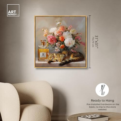 Art Remedy Cat Floral Vase Perfume Canvas Fashion Pet Art, Gold Frame, 30" x 30" - color: Gold Frame, size: 31"L x 31"W