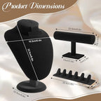 3Pcs Black Velvet Jewelry Display Set, Including Necklace Mannequin Bust Stand, T Shape Bracelet Stand, Ring Finger Jewelry Holder, for Retail Display Organization Home Decor
