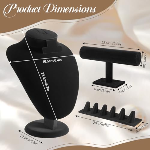 3Pcs Black Velvet Jewelry Display Set, Including Necklace Mannequin Bust Stand, T Shape Bracelet Stand, Ring Finger Jewelry Holder, for Retail Display Organization Home Decor