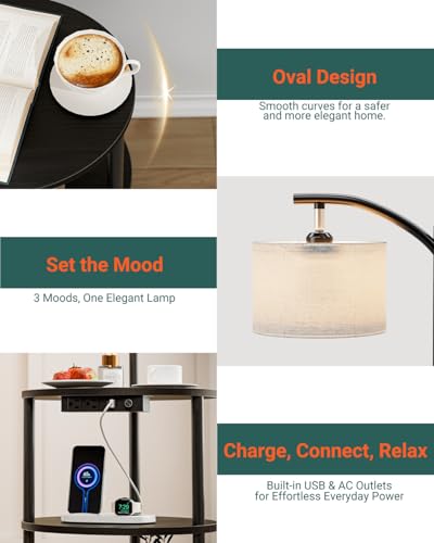 Round Side Table with Lamp and USB Ports, 3-Tier Small End Table for Living Room & Bedroom, Rustic Wood Metal Nightstand for Small Spaces, Easy to Assemble, Charcoal Wenge - color: Charcoal Wenge, size: 1-Pack, style: Built-in Charging + Lighting