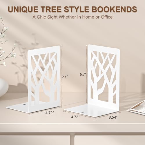 VFINE Withe Bookend 2-Piece, Tree Design Bookends for Shelves, Metal Book Ends for Desk, Decoration Stylish Bookshelf Bookends for Home Office School Supplies - style: White bookend 1 pair