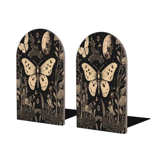 Decorative Bookends 2 Pcs Vintage Gothic Floral Moon Butterfly Wood Bookends for Shelves Heavy Books Kids Non-Skid Book Ends Stoppers for Office Desk Kitchen School - color: Vintage Gothic Floral Moon Butterfly