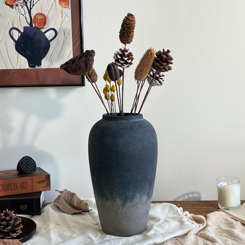 12 Inch Rustic Ceramic Vase, Black Flower Vases for Centerpieces, Farmhouse Decor for Living Room, Entryway & Kitchen, Vintage Pottery Vase for Wedding Gifts - color: Black, size: Small