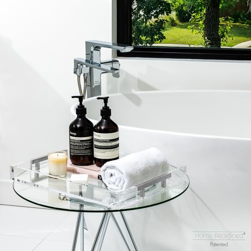 Modern 16"x12" Rectangle Acrylic Lucite Plastic Decorative Serving Tray with Silver Stainless Steel Metal Handles for Home Decor Ottoman Coffee Table Food Fruits Lap Vanity Perfume By Home Redefined - color: Clear/Silver
