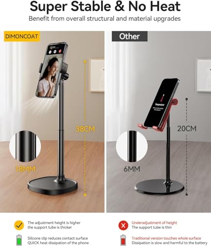 DIMONCOAT Phone Stand for Desk, Angle Height Adjustable Phone Holder for Desk, Aluminum Alloy Universal iPhone Holder, Retractable Cell Phone Stand Recording Office for iPhone 17 16 15 Pro Max S26 - color: BLACK - 6X STABLE WEIGHTED BASE, size: For 4-7 In