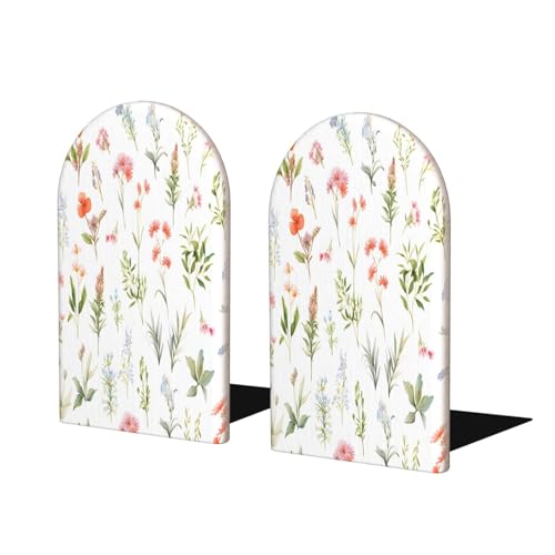 Decorative Bookends 2 Pcs Spring Florals Flower Leaf Wood Bookends for Shelves Heavy Books Kids Non-Skid Book Ends Stoppers for Office Desk Kitchen School - color: Spring Florals Flower Leaf