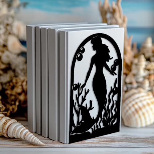 Peacoblue Metal Bookends for Shelves, Modern Decorative Heavy Duty Study Book Support Stoppers for Office, Desk, Shelf, Room 5.3"x4.3"x7.9" Cast Iron Simple Tall Bookends, 1 Pair (Mermaid) - style: Mermaid