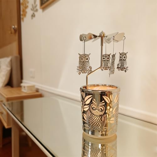 Carousel totary Candle Holder Spinning irthday Gifts for Women, Mom, Wife, Girlfriend, Sister, Her, Metal Windmill Tea Light for Female Friends (Silver owl) - color: Silver Owl