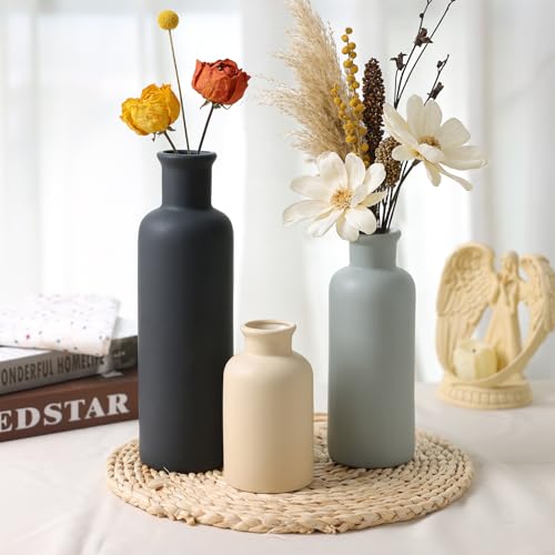 Ceramic Vase Set of 3, Neutral Rustic Vases for Farmhouse Decor, Pampas Grass & Dried Flowers and Table Living Room Home Decor - color: 3pcs-multicolor