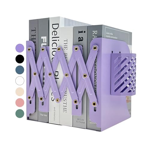 Kingsmile Book Ends, Adjustable Bookends for Shelves, Metal Bookends for Heavy Books, Book Stopper Organzier with Pen Holder for Desk, Kids Room, Office, Classroom, Library, Study Room.(Purple) - color: Purple