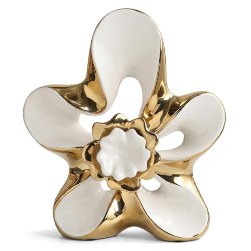 Ceramic Statue Home Decor Aesthetic Abstract Flower Sculpture Modern Decorative Statues for Living Room Bedroom Bookshelf Desktop Dinging Table Centerpiece Office (White and Gold) - color: White and Gold